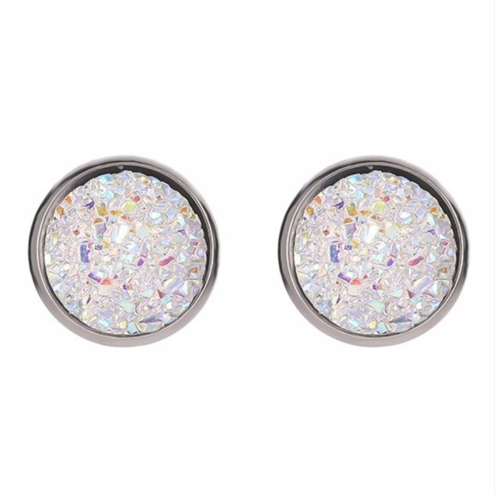 Druzy Opal White Crystal Round Silver Studs - Picture 5 of 6